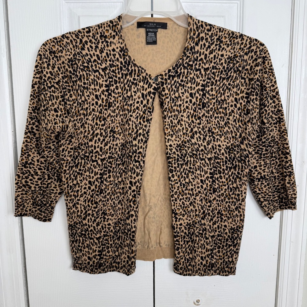 Silx By August Silk Leopard Print Cardigan Womens M‎ Silk Blend Stretch